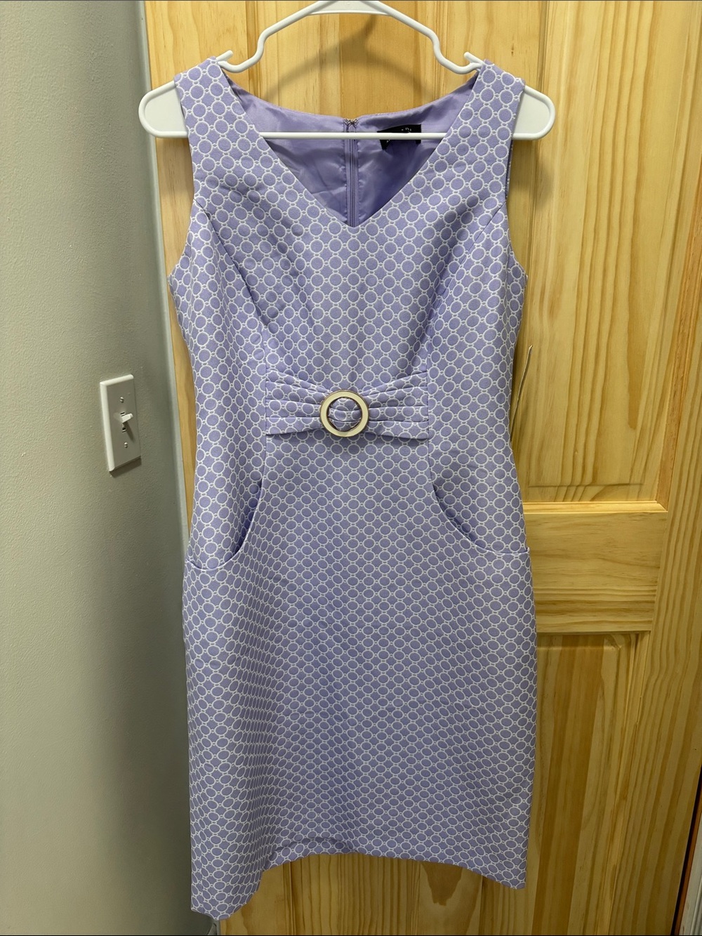 Tahari Lavender Geometric Sheath Dress with Buckle Accent